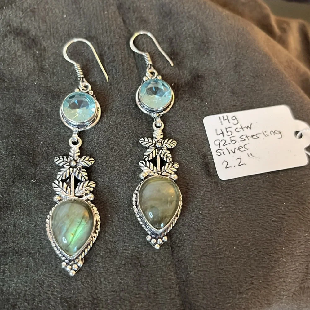 NWT BLUE TOPAZ , LABRADORITE 925 STERLING SILVER DROP FLOWER EARRINGS 2.2” - Picture 7 of 9